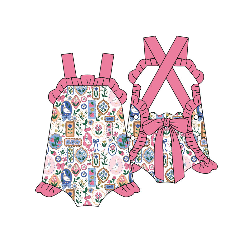 Preorder (moq 5)Baby Girls Strap Flowers Gooses Back Bow Ruffle Rompers