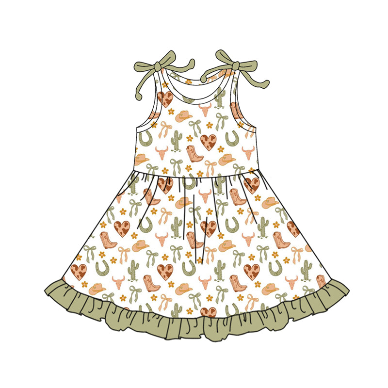 Preorder (moq 5)Baby Girls Bows Strap Boots Bows Ruffle Knee Length Dresses