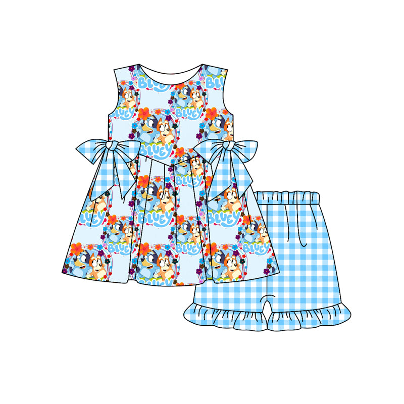 Preorder moq 5 Baby Girls Blue Sleeveless Cartoon Dogs Bows Tunic Plaid Ruffle Short Set