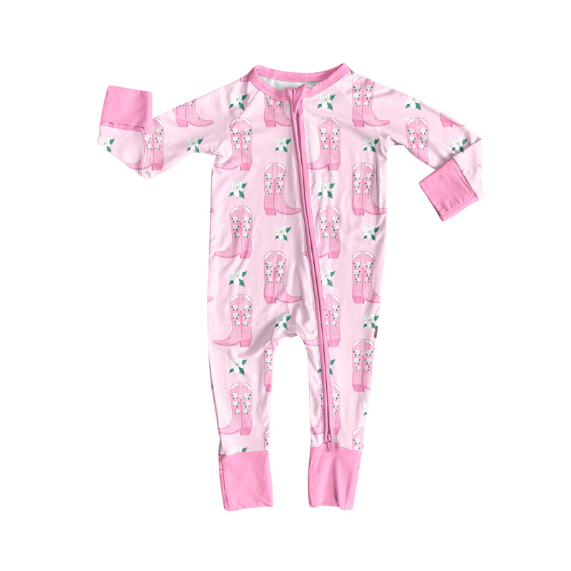 Preorder (moq 5)Baby Girls Long Sleeves Pink Flowers Boots Plaid Zipper Romper