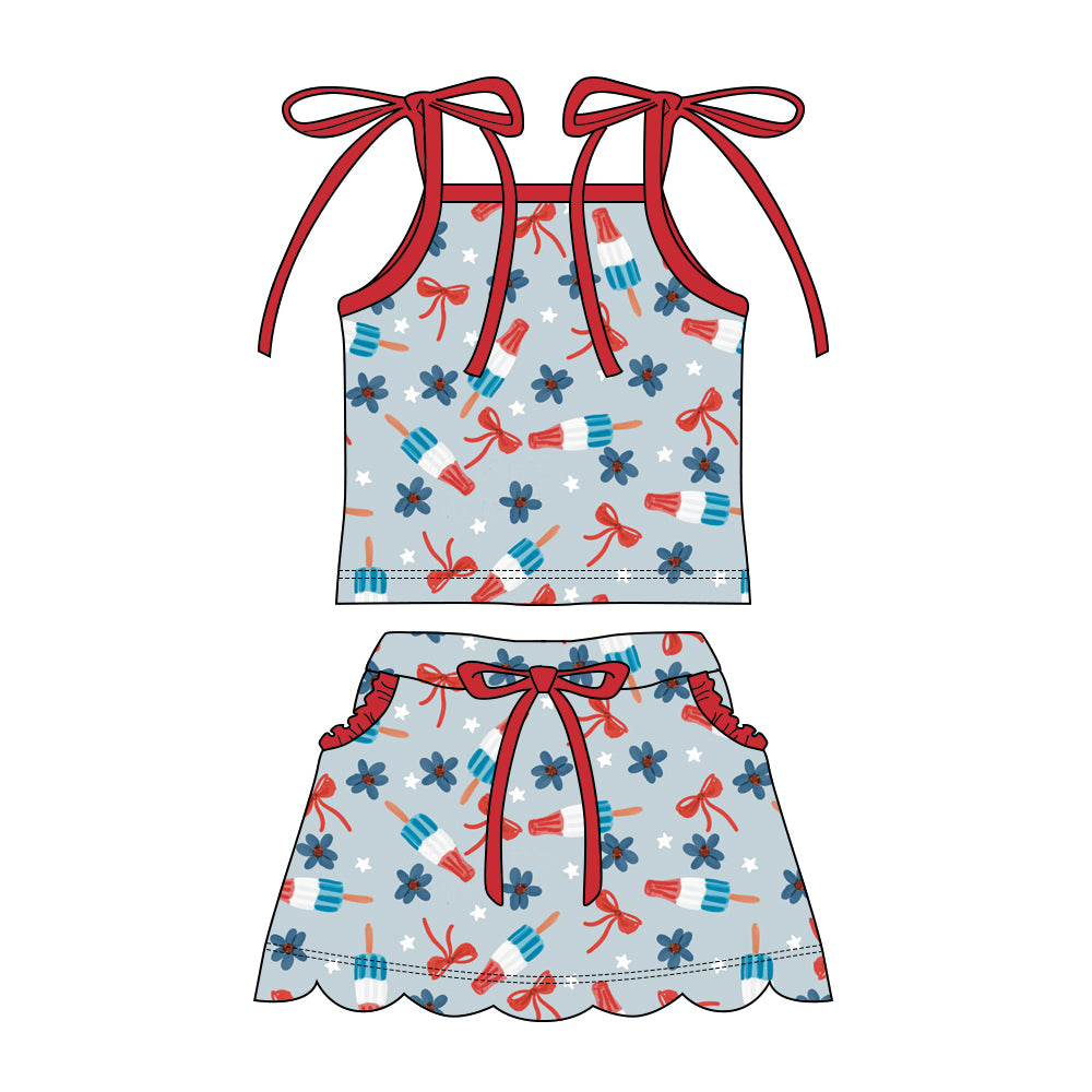 Preorder moq 5 Baby Girls Strap Popsicle Flowers Top Pockets Scallop Skirt Short 4th of July Clothes Sets