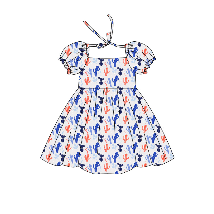 Preorder (moq 5)Baby Girls Short Ruffle Sleeve Colorful Cactus Western Knee Length Dress