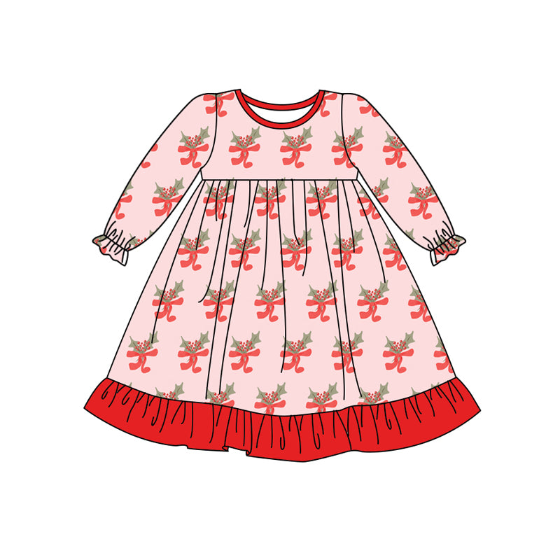 Preorder (moq 5)Baby Girls Red Long Ruffle Sleeves Bows Holly Knee Length Dresses