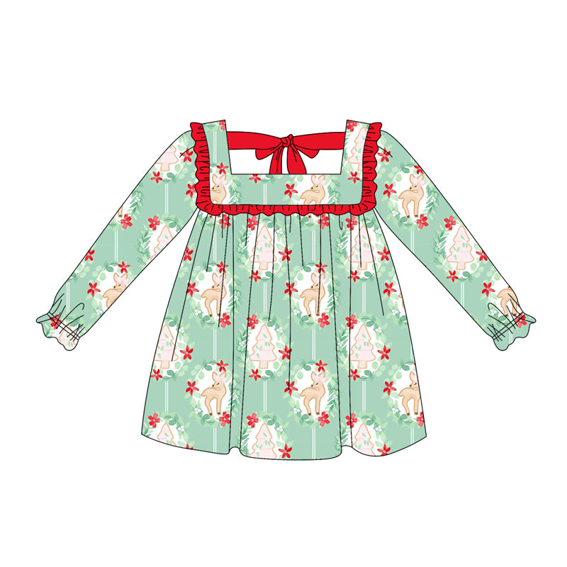 Preorder (moq 5)Baby Girls Long Ruffle Sleeves Green Trees Deer Plaid Knee Length Dresses