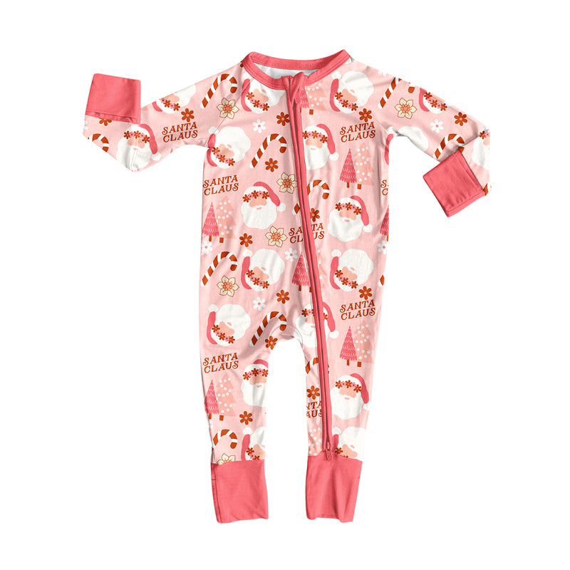 Preorder(moq 5)Baby Girls Pink Santa Candy Cane Zipper Pant Rompers
