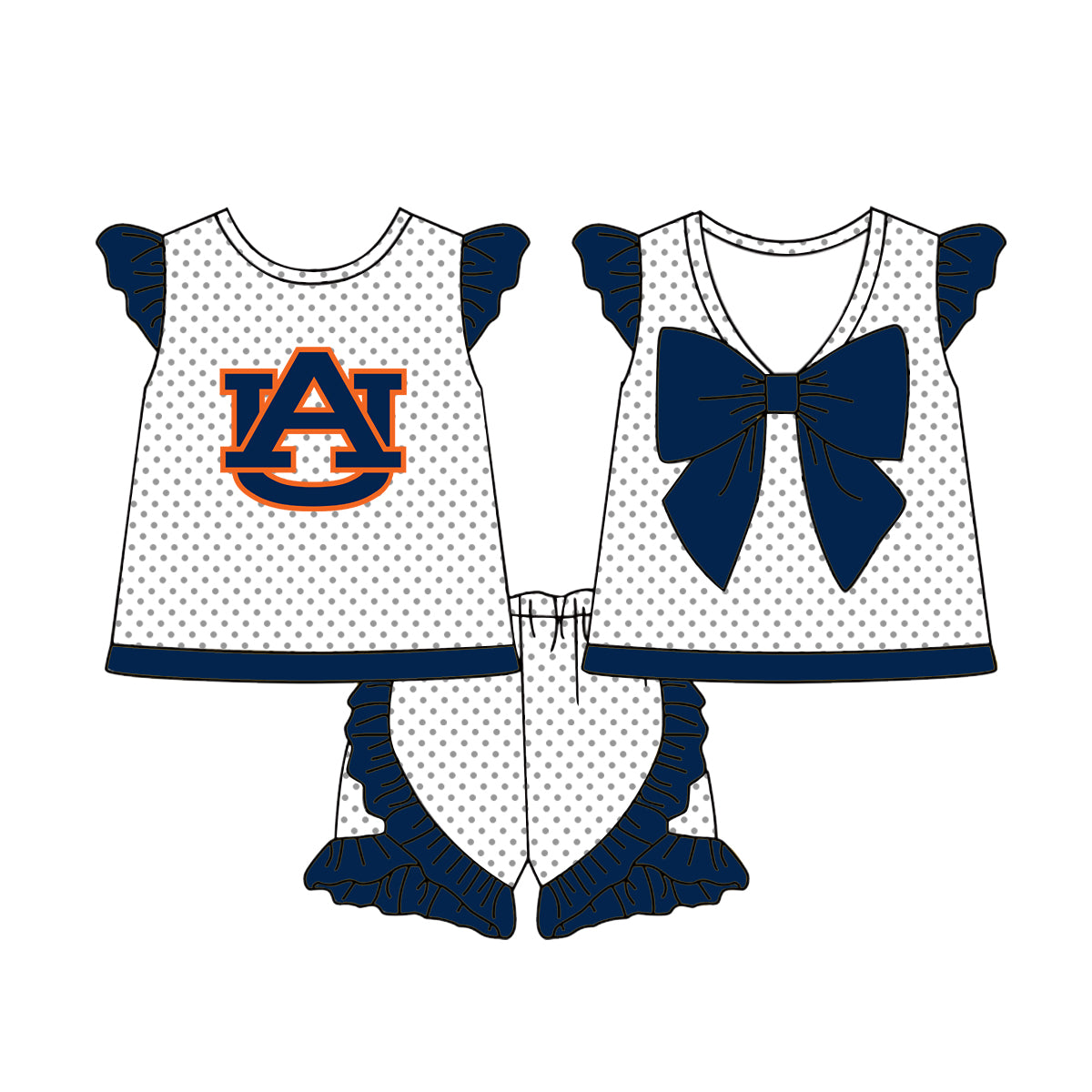 Preorder (moq 5)Baby Girls Navy Flutter Sleeves Polka Dots AU Top Ruffle Shorts Team Set