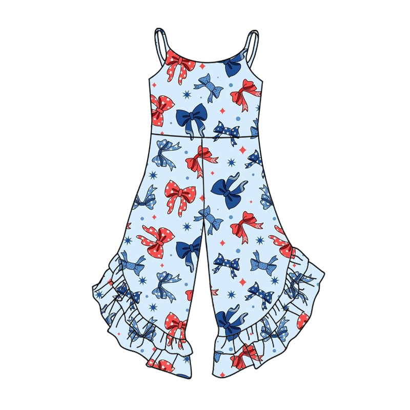 Preorder (moq 5)Baby Girls Blue Strap Red Stars 4th Of July Ruffle Jumpsuits