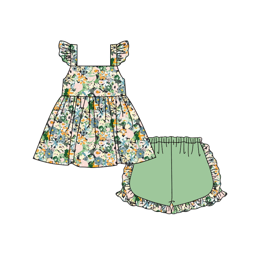 Preorder (moq 5)Baby Girls Flutter Sleeve Colorful Flowers Tunic Green Short Clothes Sets