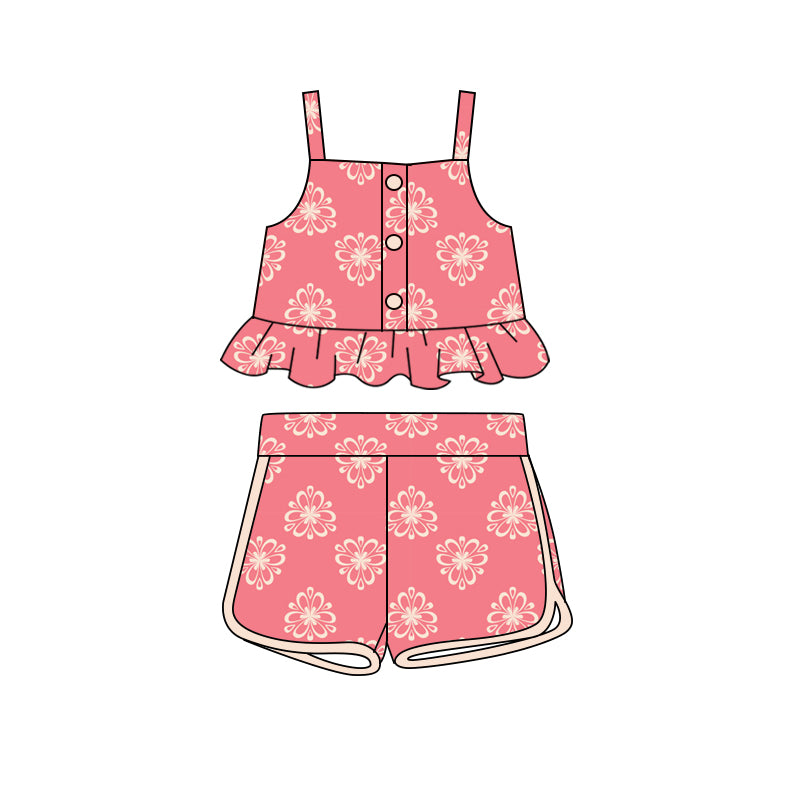 Preorder (moq 5)Baby Girls Pink Flowers Straps Top Shorts Clothes Sets