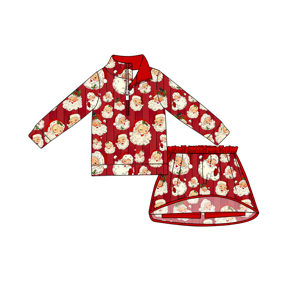 Preorder (moq 5)Baby Girls Santa Zip Pullovers Top Skirt Short Christmas Clothes Set