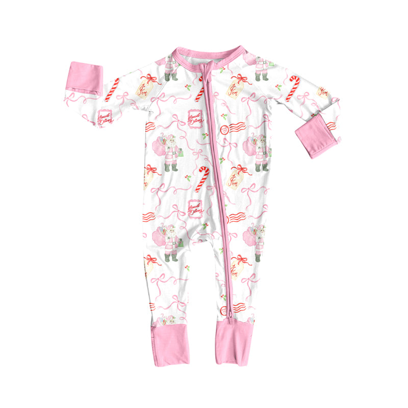 Preorder (moq 5)Baby Girls Long Sleeves Pink Santa Bows Candy Cane Zipper Romper
