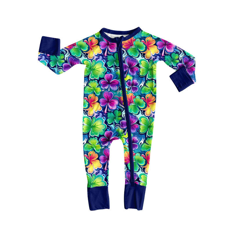 Preorder (moq 5)Baby Girls Long Sleeve Colorful Clover St Patrick Zipper Footie Rompers