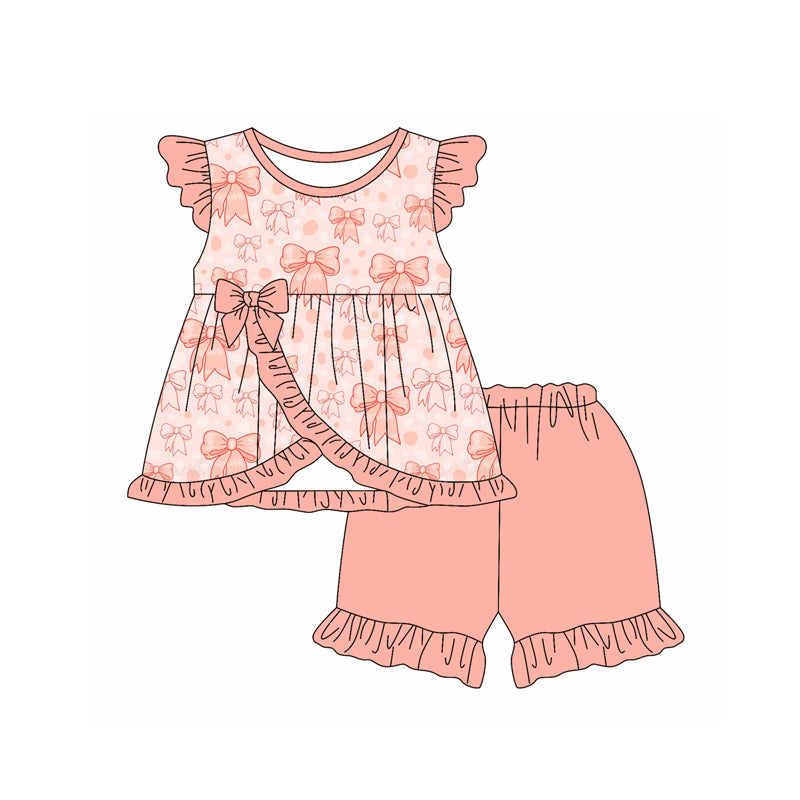 Preorder moq 5 Baby Girls Peach Flutter Sleeves Bows Tunic Ruffle Short Set