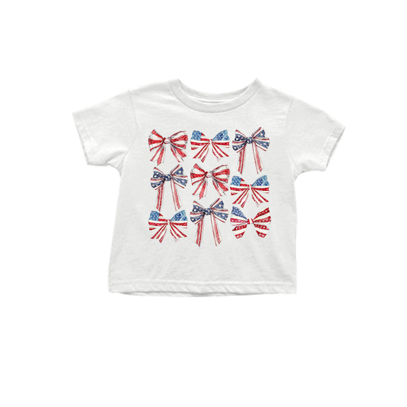 Preorder (moq 5)Baby Kids White Short Sleeves Blue Red Bows 4th Of July Tee Shirts Top