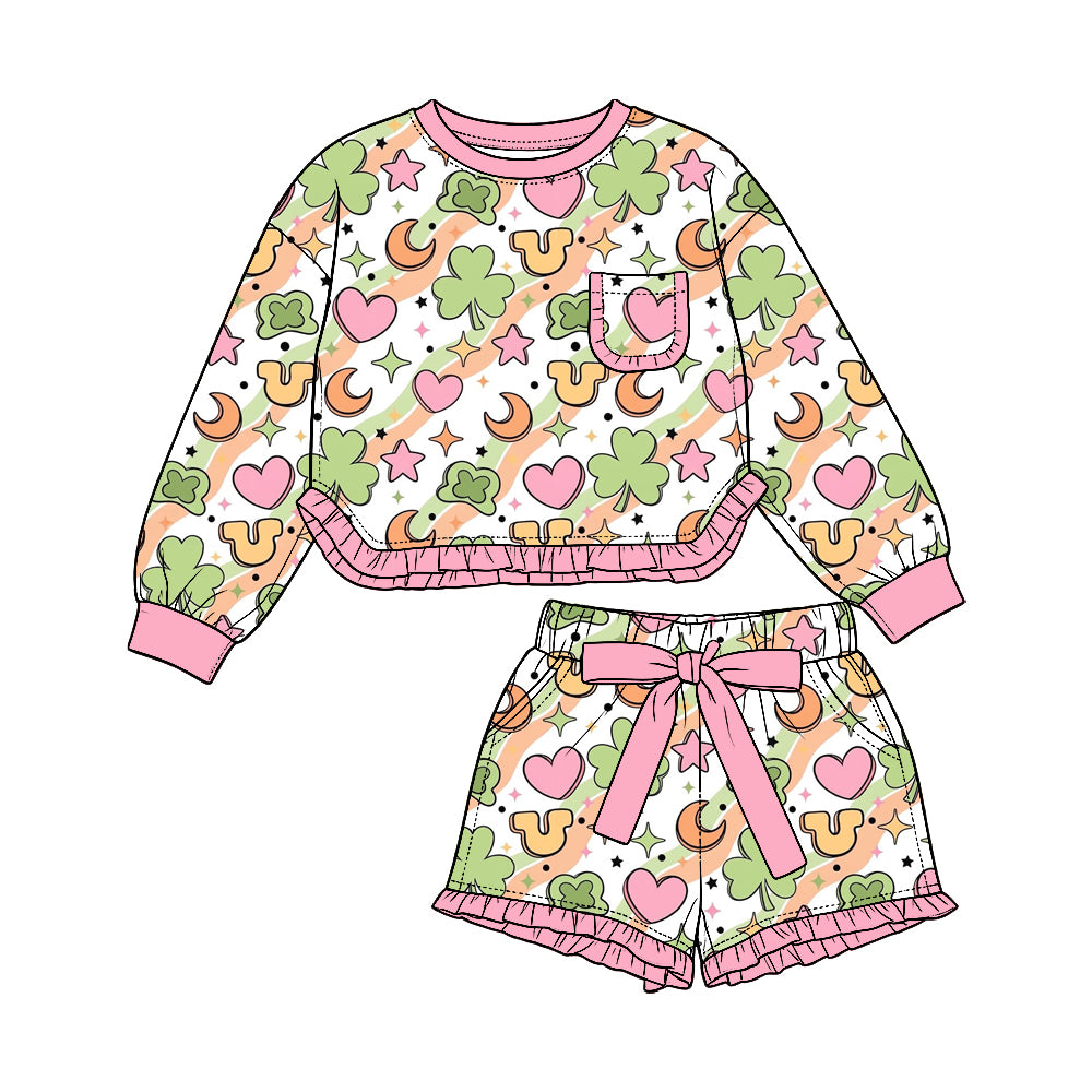 Preorder (moq5) Baby Girls Clovers Hats Hearts Pocket Top Ruffle Bow Short St Patrick Set