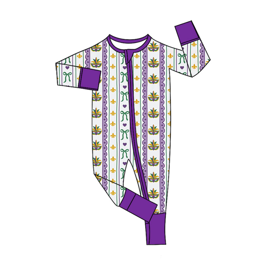 Preorder(moq5) Baby Girls’ Mardi Gras Carnival Purple Mask Tie-Dye Long-Sleeve Romper