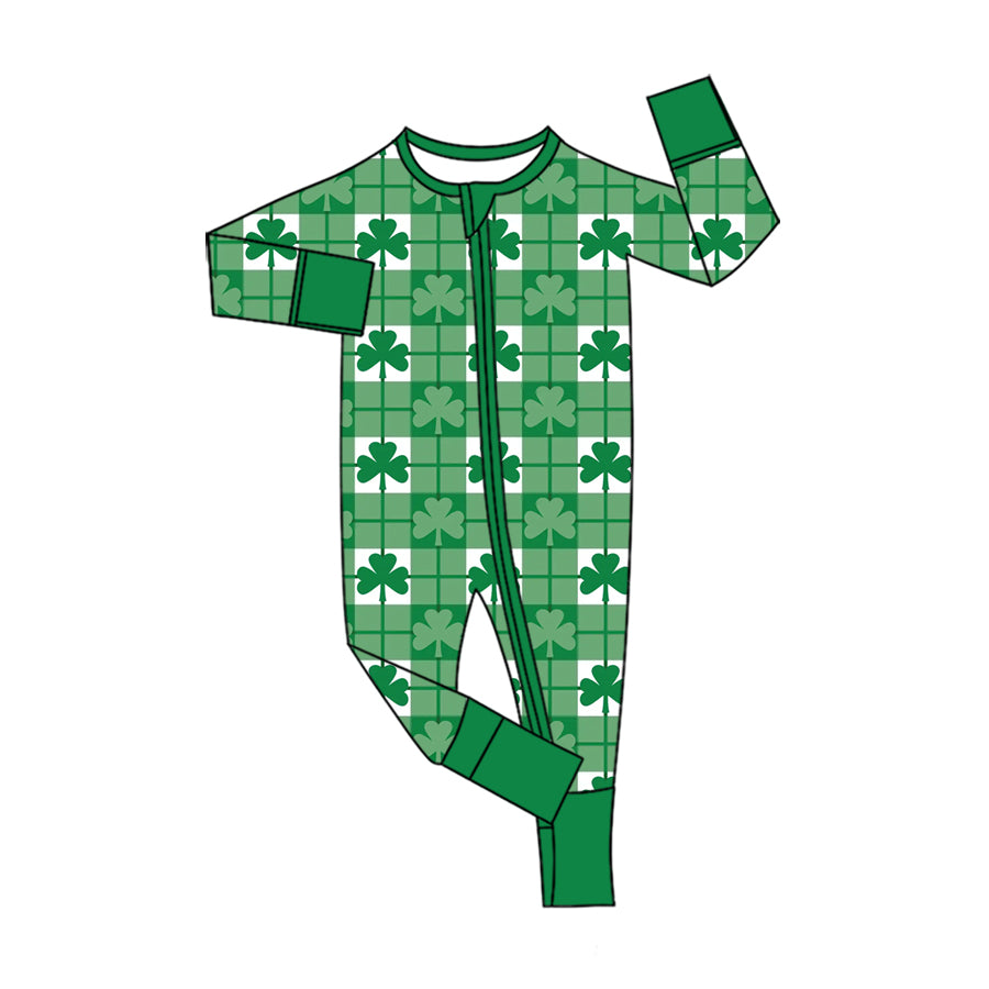 Preorder (moq 5) Baby Girls Clovers Checked St Patrick Two Way Zip Convertible Rompers