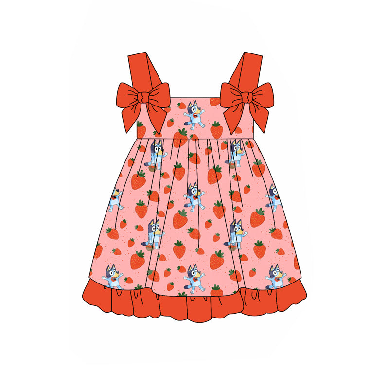 Preorder (moq 5)Baby Girls Dogs Strawberry Straps Knee Length Dresses