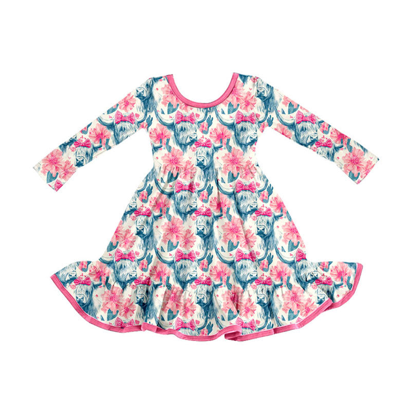 Preorder (moq 5)Baby Girls Highland Cows Flowers Western Ruffle Knee Length Dresses