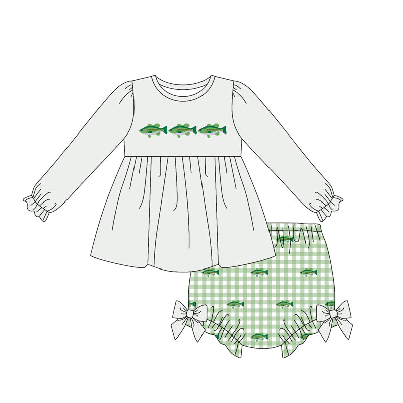 Preorder moq 5 Baby Girls Fishes Tunic Checked Bummies Hunting Clothes Set