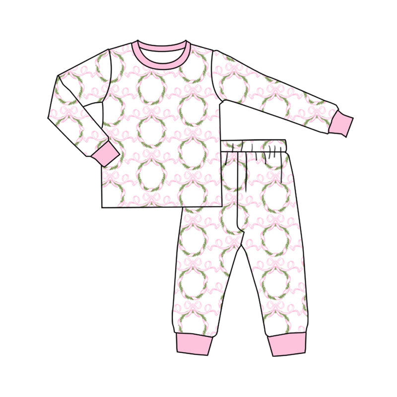 Preorder (moq 5)Baby Kids Long Sleeves Pink Bows Garland Top Pant Pajamas Set