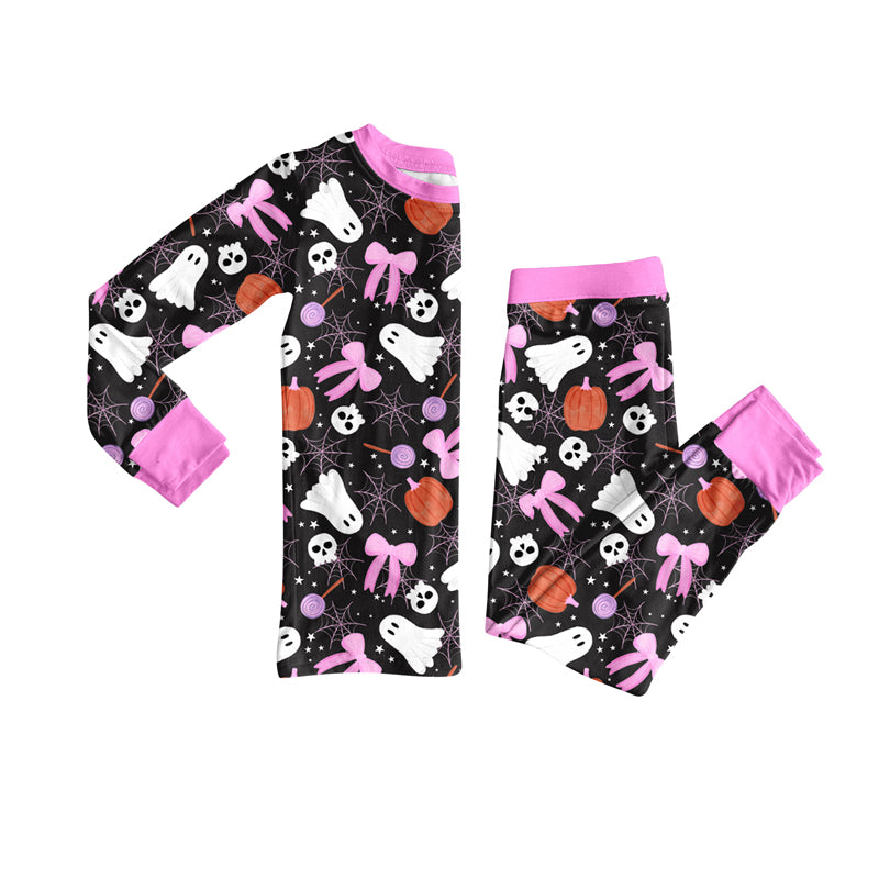 preorder(moq 5) Baby Girls Long Sleeves Bows Ghost Pumpkins Plaid Top Pants Pajamas Set