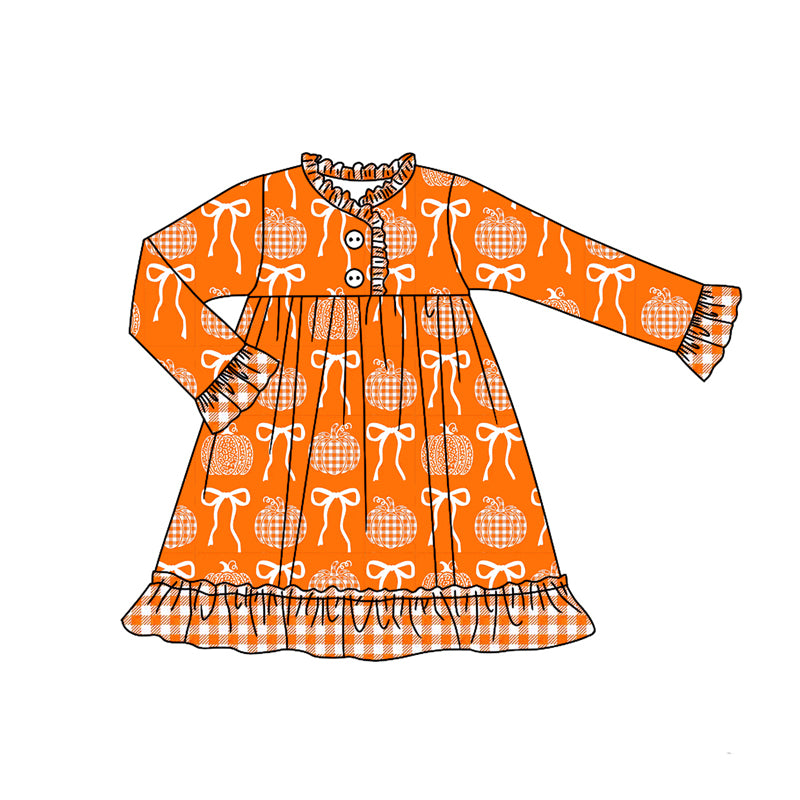 Preorder (moq 5)Baby Girls Long Ruffle Sleeves Bows Pumpkins Plaid Button Knee Length Dresses