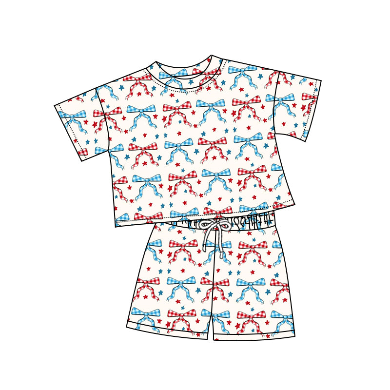 Preorder (moq 5)Baby Girls Checked Bow Stars Top Shorts 4th of July Clothes Sets