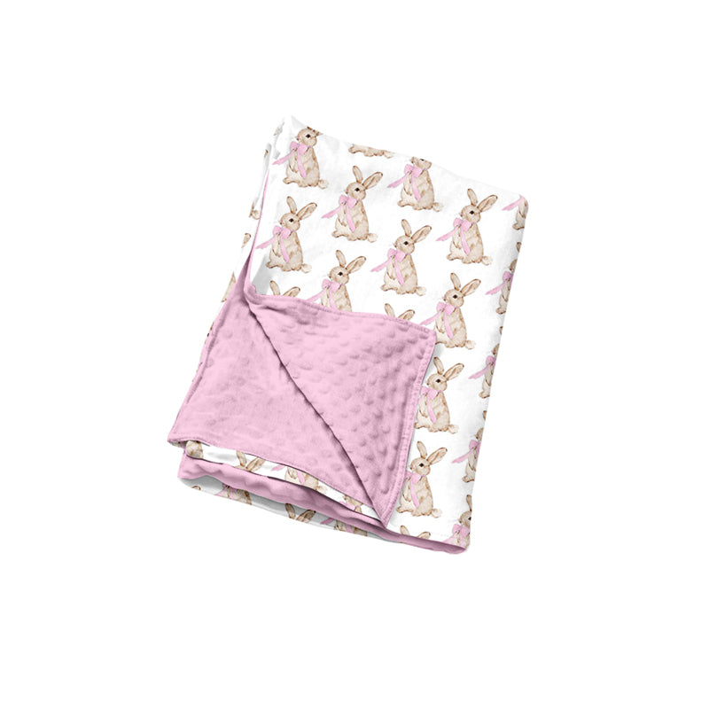 Preorder (moq 5) Baby Girl Clothes Watercolor Bunny Pink Bow Allover Print Double Layer Minky Dot Baby Blanket