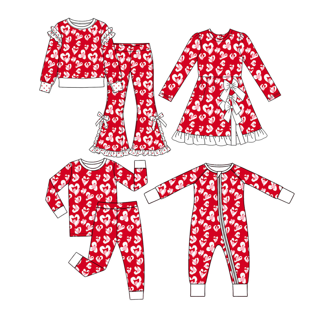Preorder (moq 5) Baby Girl Clothes Red Watercolor Heart Print Long Sleeve Zipper Romper
