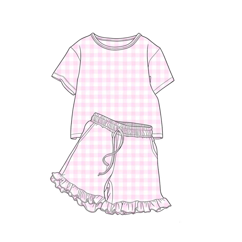 Preorder moq 5 Baby Girls Pink Checked Shirt Top Pockets Ruffle Shorts Clothes Set