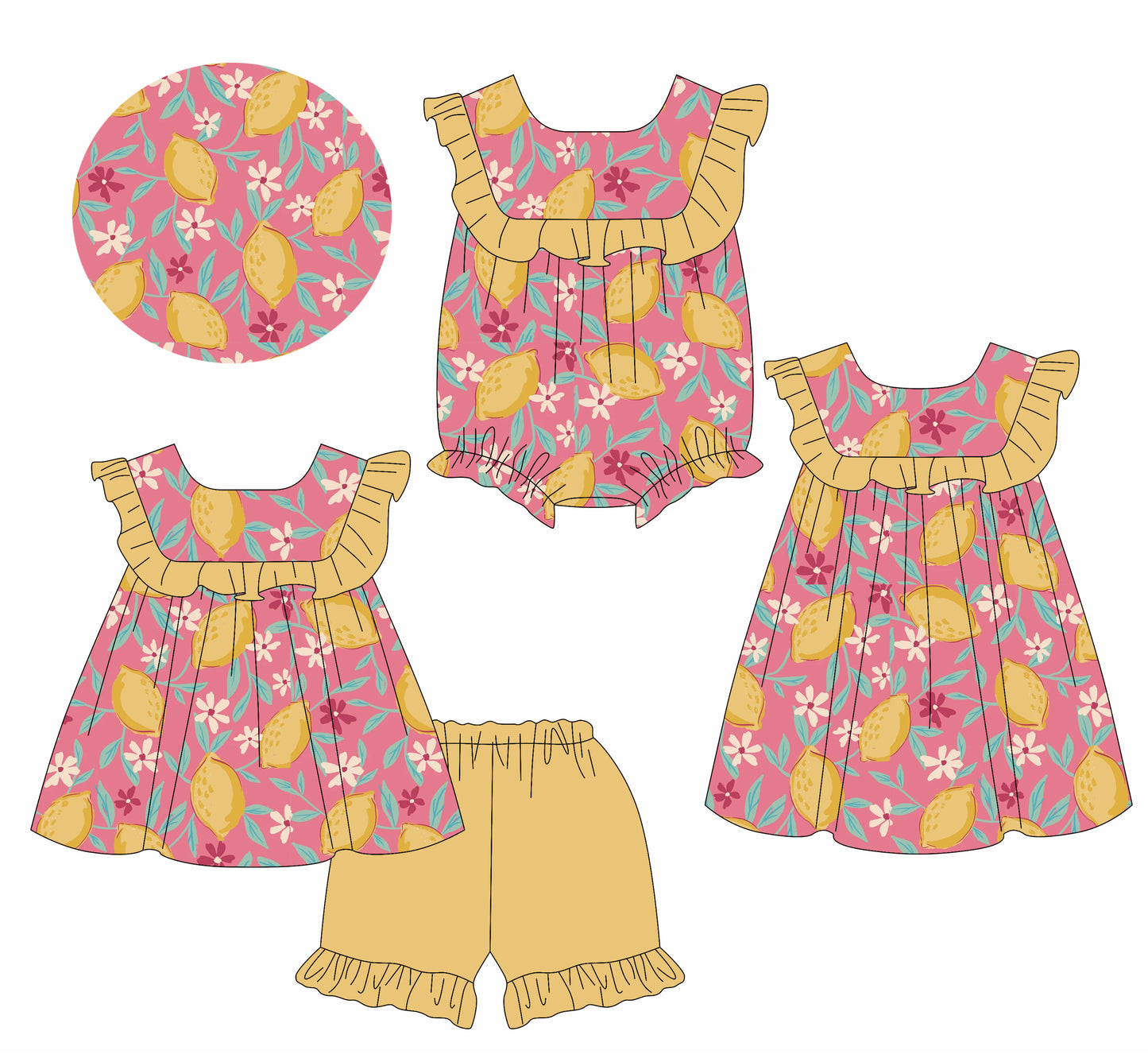 Preorder moq 5 Custom Baby Girls Lemon Flowers Tunic Ruffle Short Sets Knee Length Dress Rompers