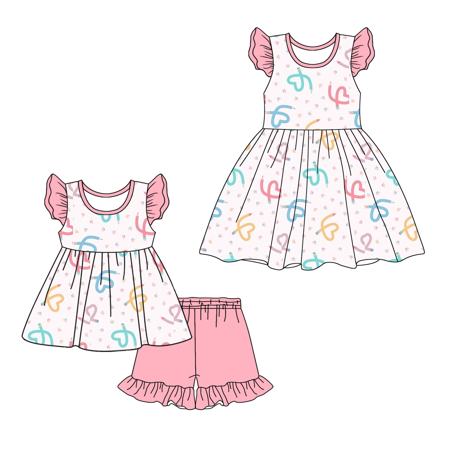 Preorder moq 5 Custom Baby Girls Colorful Pencil Hearts Tunic Ruffle Short Set Knee Length Dresses