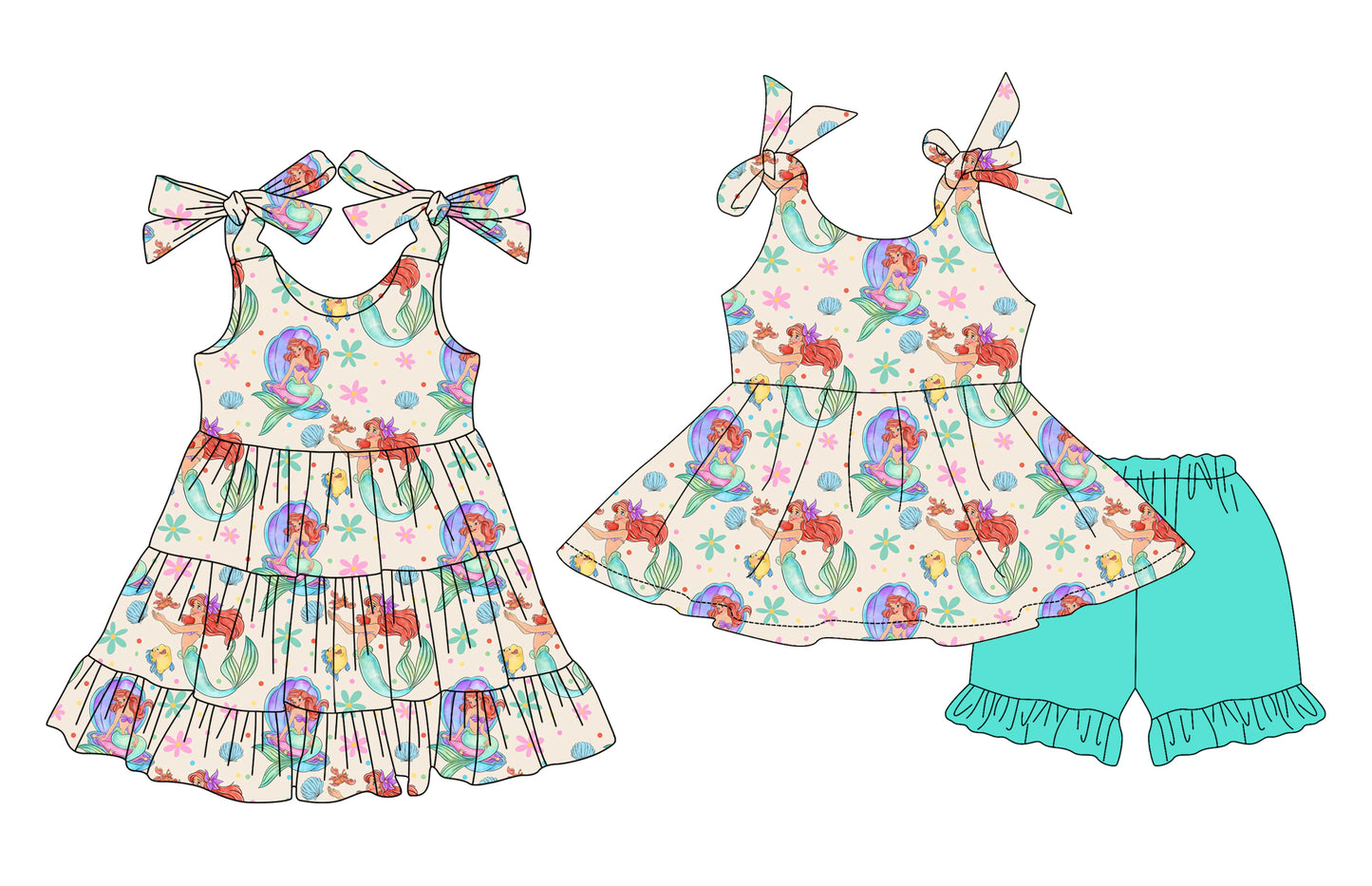 Preorder moq 5 Custom Baby Girls Mermaid Fishes Tunic Aqua Ruffle Short Set Knee Length Dress