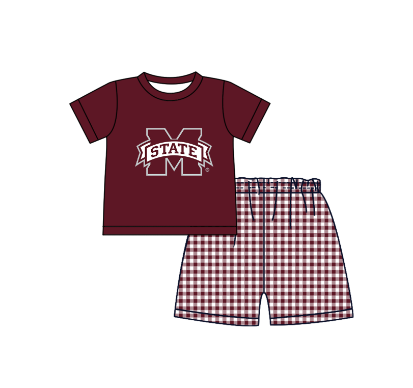 Preorder (moq 5)Baby Boys Red Short Sleeve M State Top Checked Shorts Team Clothes Sets