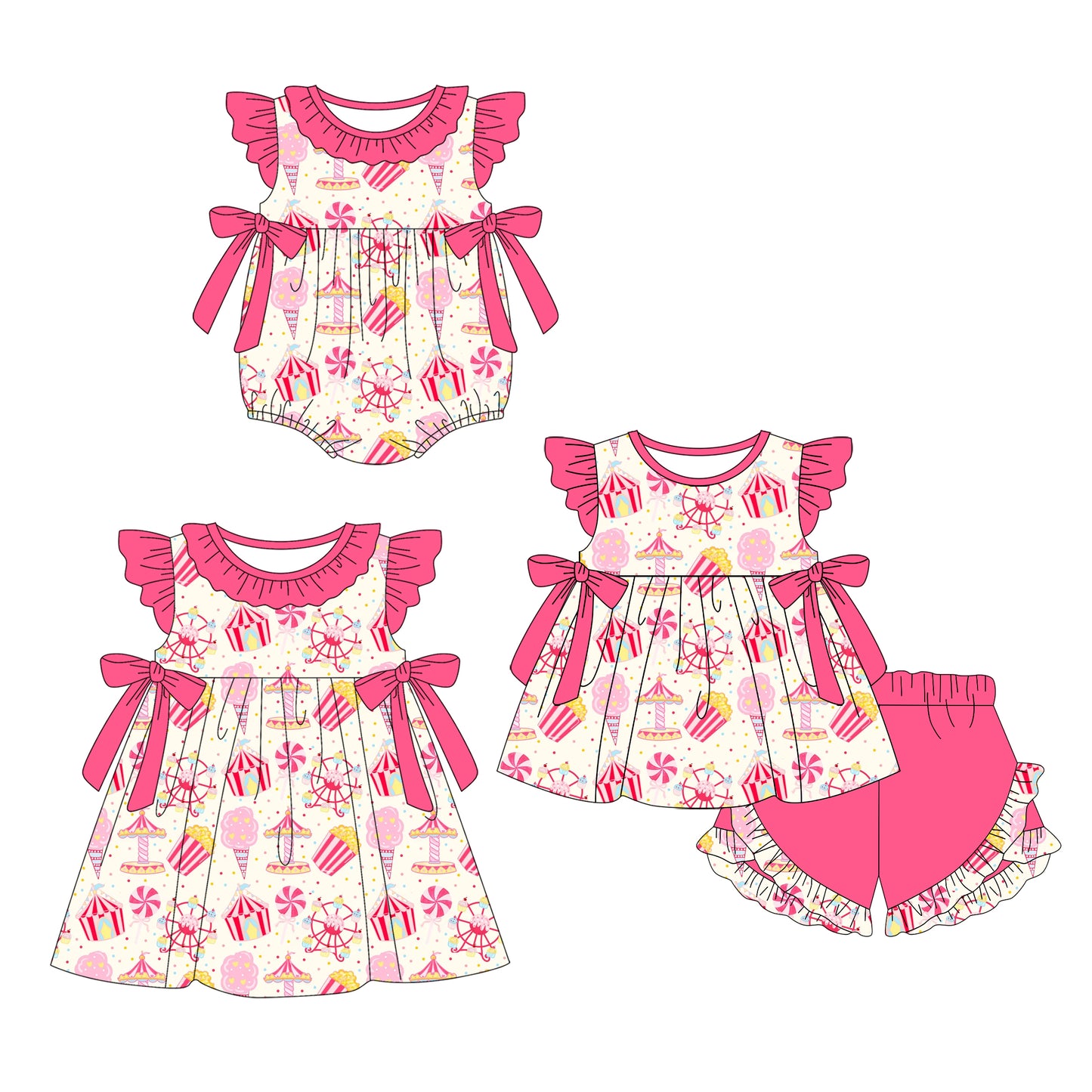 Preorder moq 5 Custom Baby Girls Pink Ice Cream Tunic Ruffle Short Set Knee Length Dress Romper