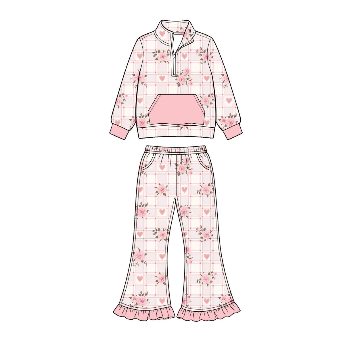 Preorder (moq 5) Baby Girl Clothes Plaid Rose Heart Allover Print Long Sleeve Half Zip Top Ruffle Flare Pant Set