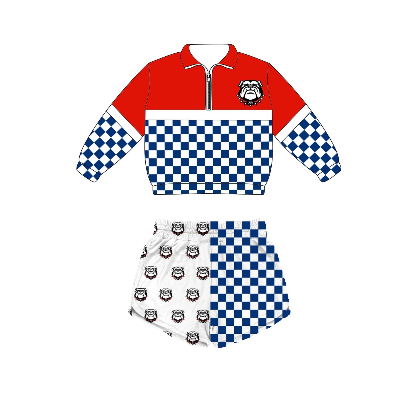 Preorder (moq 5)Baby Boys Blue Checked Zip Bulldogs Pullovers Top Short Team Clothes Set