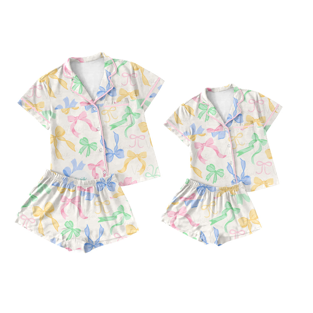 Preorder moq 5 Custom Mama And Me Colorful Bows Button Pocket Top Short Pajamas Set