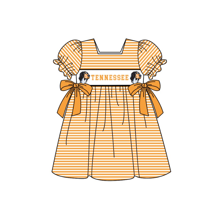 Preorder (moq 5)Baby Girls Short Ruffle Sleeve Stripe Tennessee Team Knee Length Dress