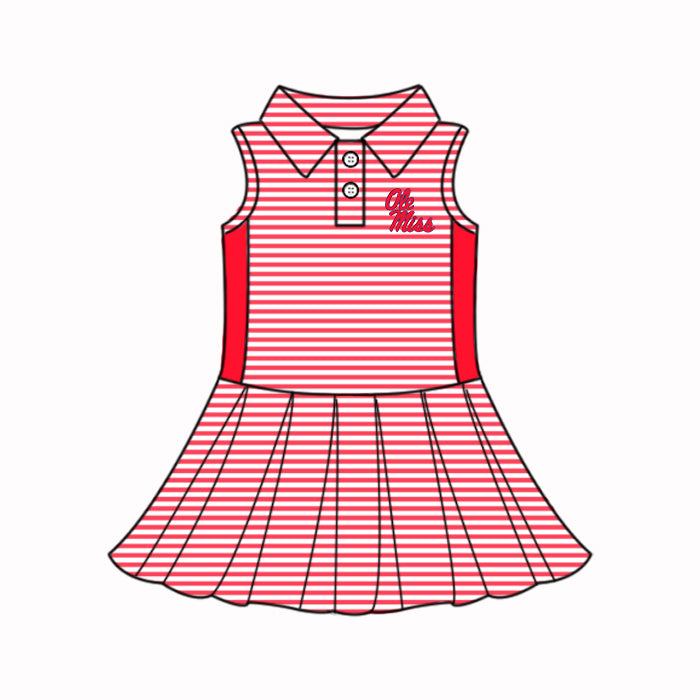 Preorder (moq 5)Baby Girls Red Stripe Ole Miss Button Team Knee Length Dresses