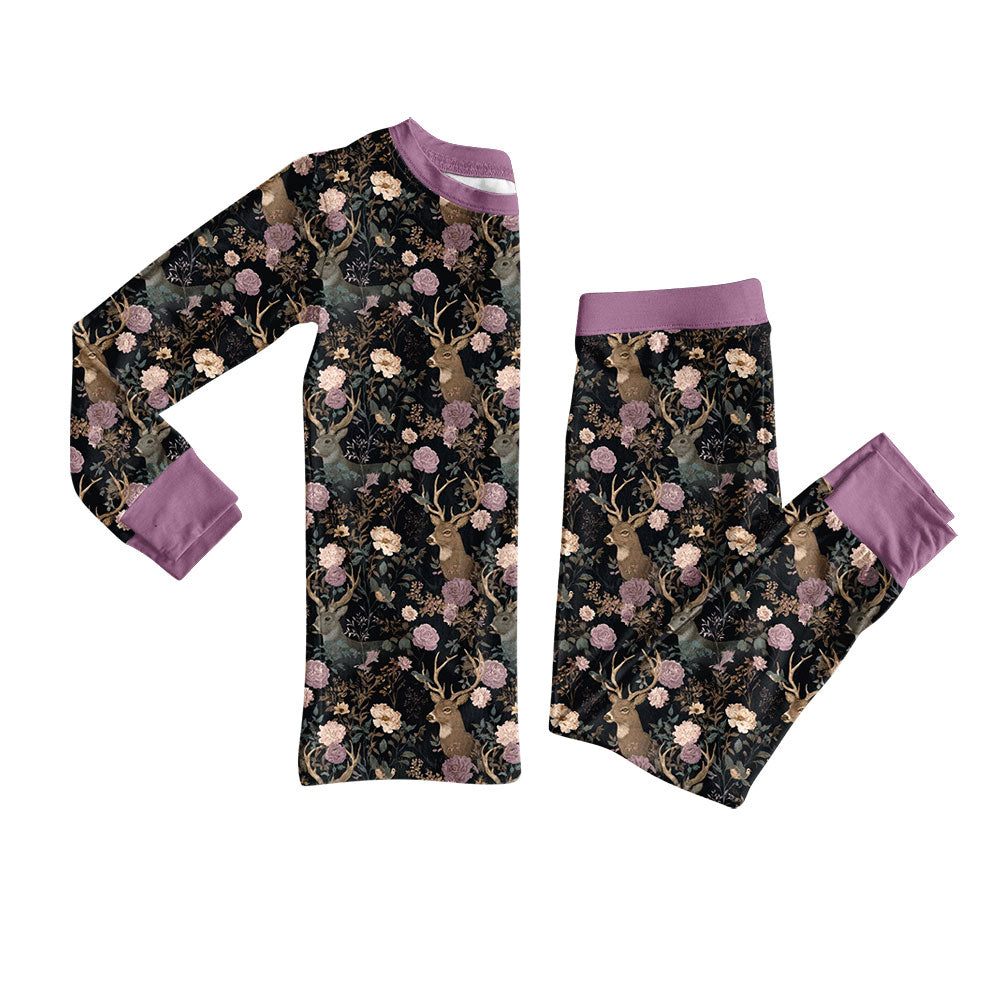 Preorder (moq 5) Baby Girl Deer Head Floral Print Long Sleeve Cuff Pajama Set