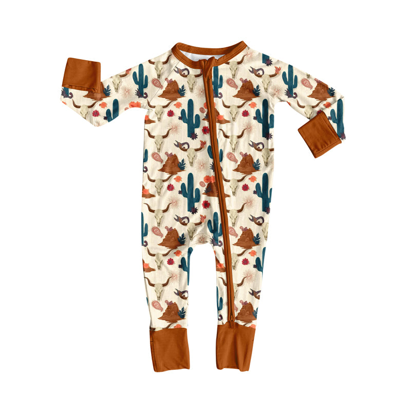 Preorder (moq 5)Baby Boys Bull Skulls Cactus Western Two Way Zip Convertible Rompers