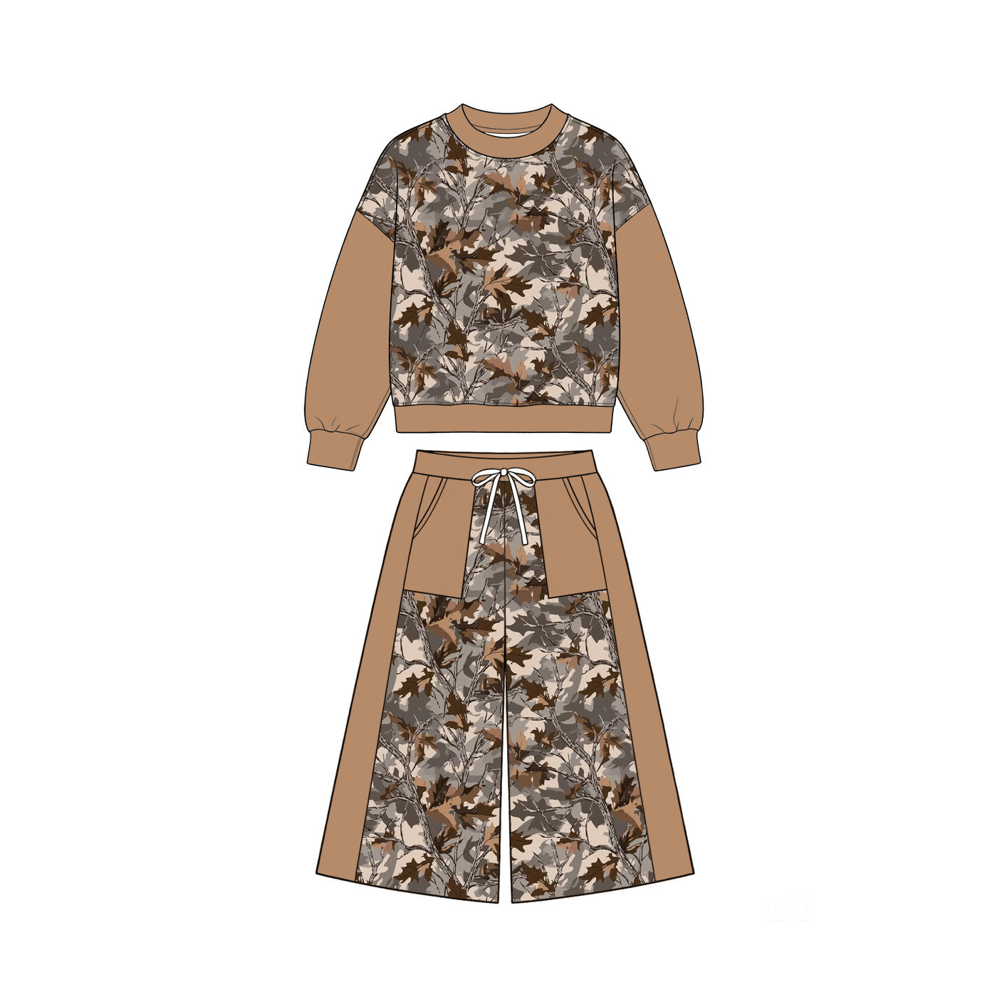 Pre-order(moq5) Girls’ Fall Caramel Brown Autumn Leaf Camo Print Long Sleeve Bow Top & Wide-Leg Pants Set