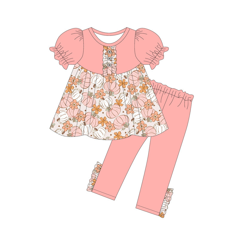 Preorder (moq 5)Baby Girls Pink Short Ruffle Sleeves Floral Pumpkins Button Tunic Legging Pant Set