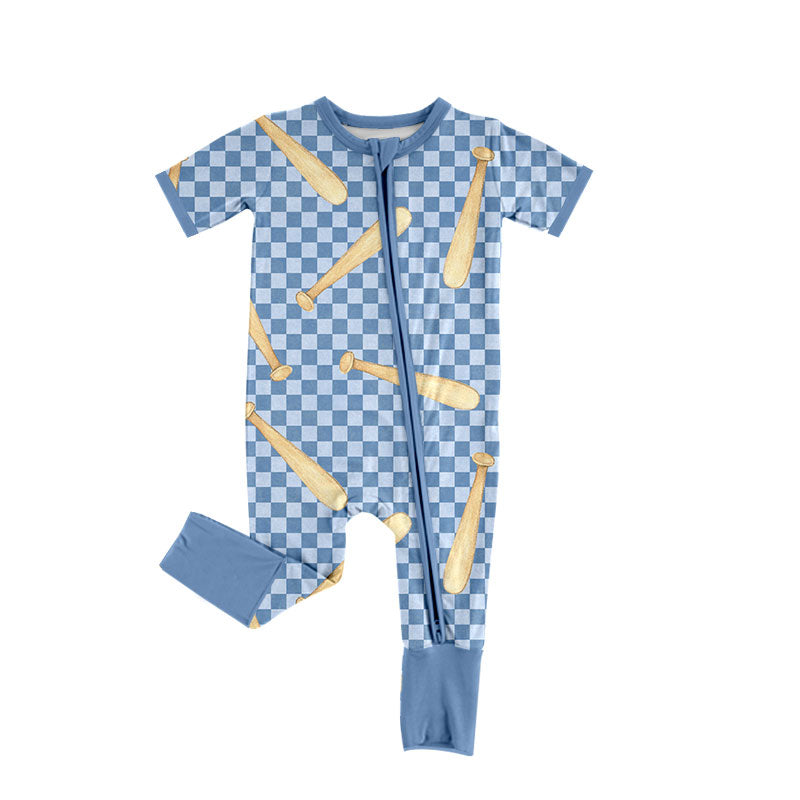 Preorder (moq 5) Baby Boy Clothes Baseball Bat Checkerboard Print Short Sleeve Zip Front Romper Jumpsuit