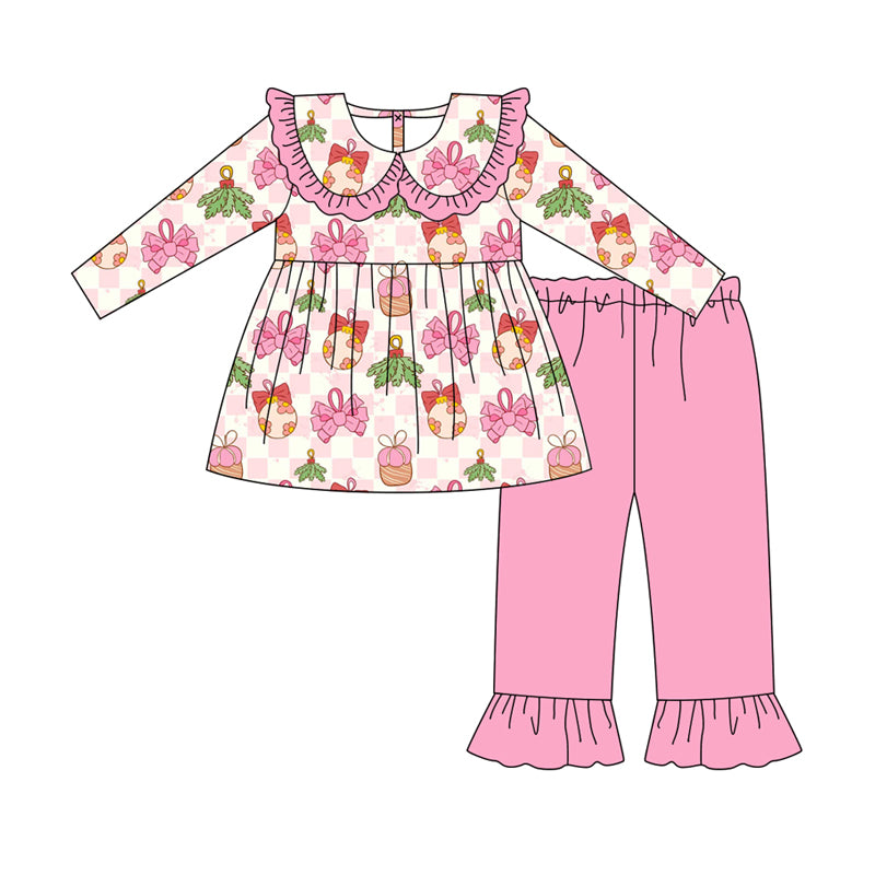 Preorder (moq 5)Baby Girls Long Sleeves Pink Bows Holly Plaid Tunic Ruffle Pant Clothes Set