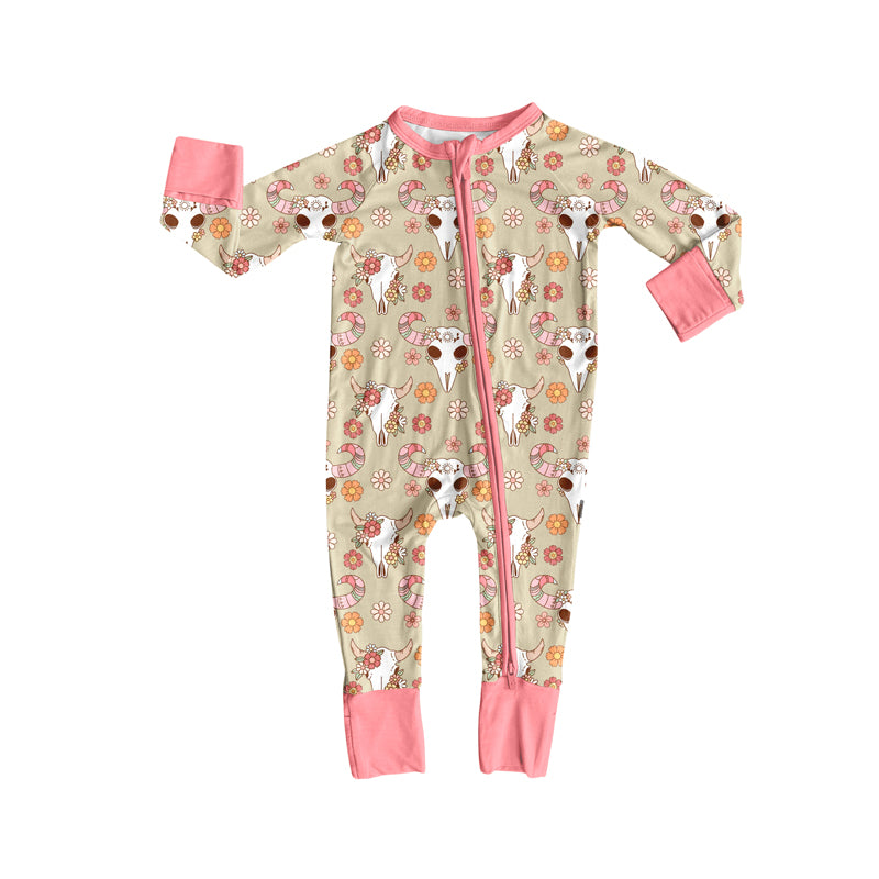 Preorder (moq 5)Baby Girls Pink Long Sleeves Flowers Bull Skull Plaid Zipper Romper