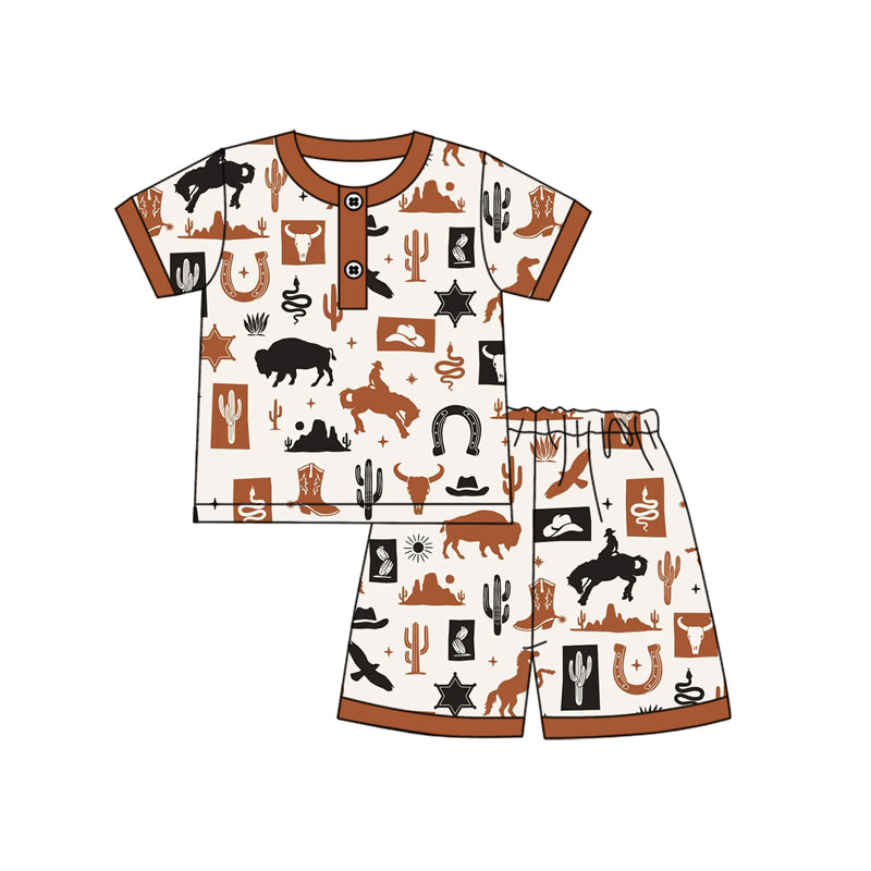 Preorder moq 5 Baby Boys Khaki Short Sleeves Horse Rodeos Button Top Short Pajamas Set