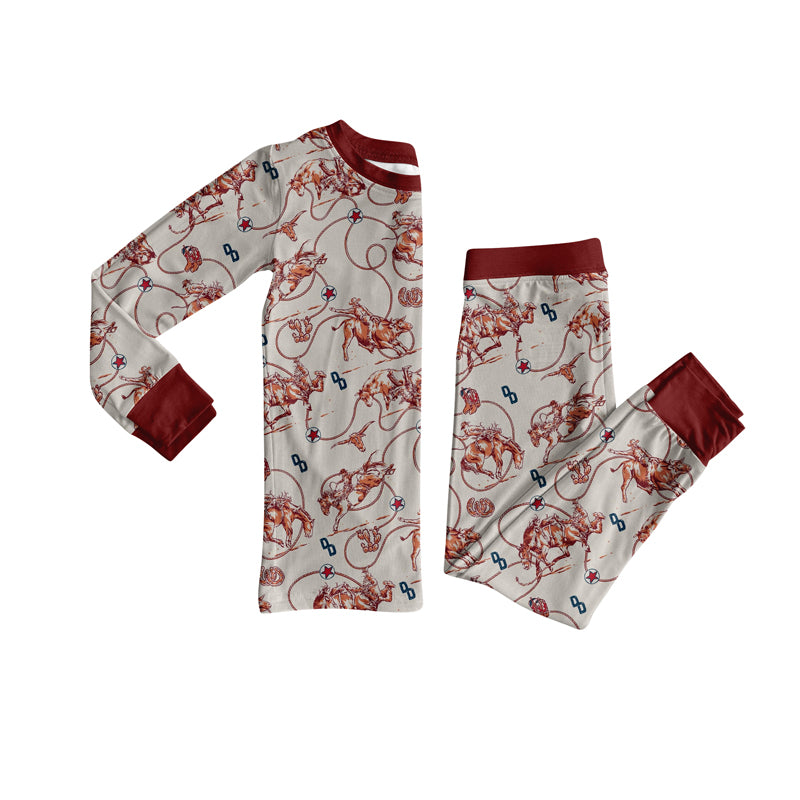Preorder (moq 5)Baby Boys Gray Long Sleeves Horse Rodeos Cactus Top Pant Pajamas Set